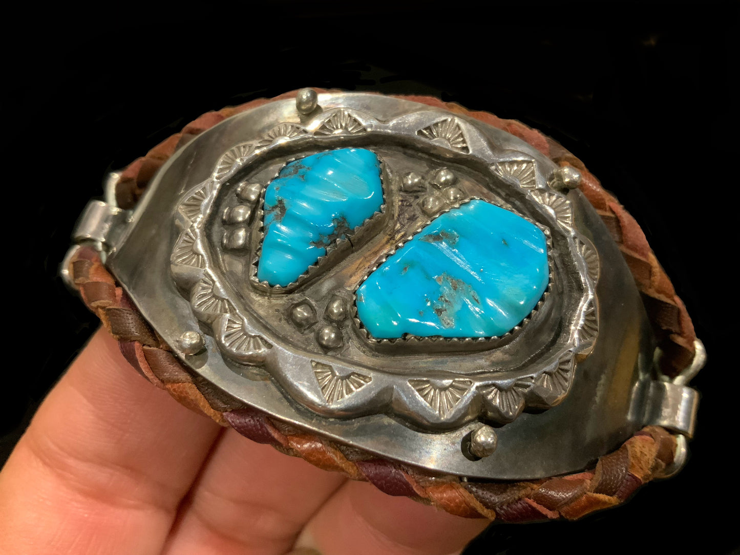 Native American Cuff Bracelet 925 Sterling Silver, Turquoise & Leather Signed WFA