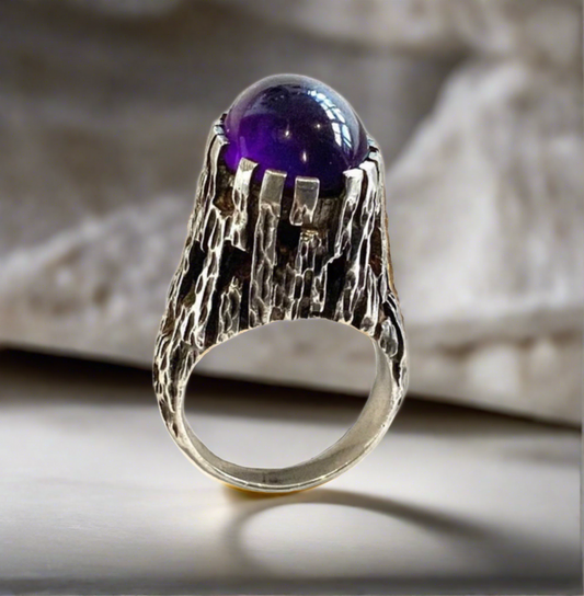 Amethyst & 925 Sterling Silver Cocktail Ring Size 7 Vintage Mid Century Brutalist