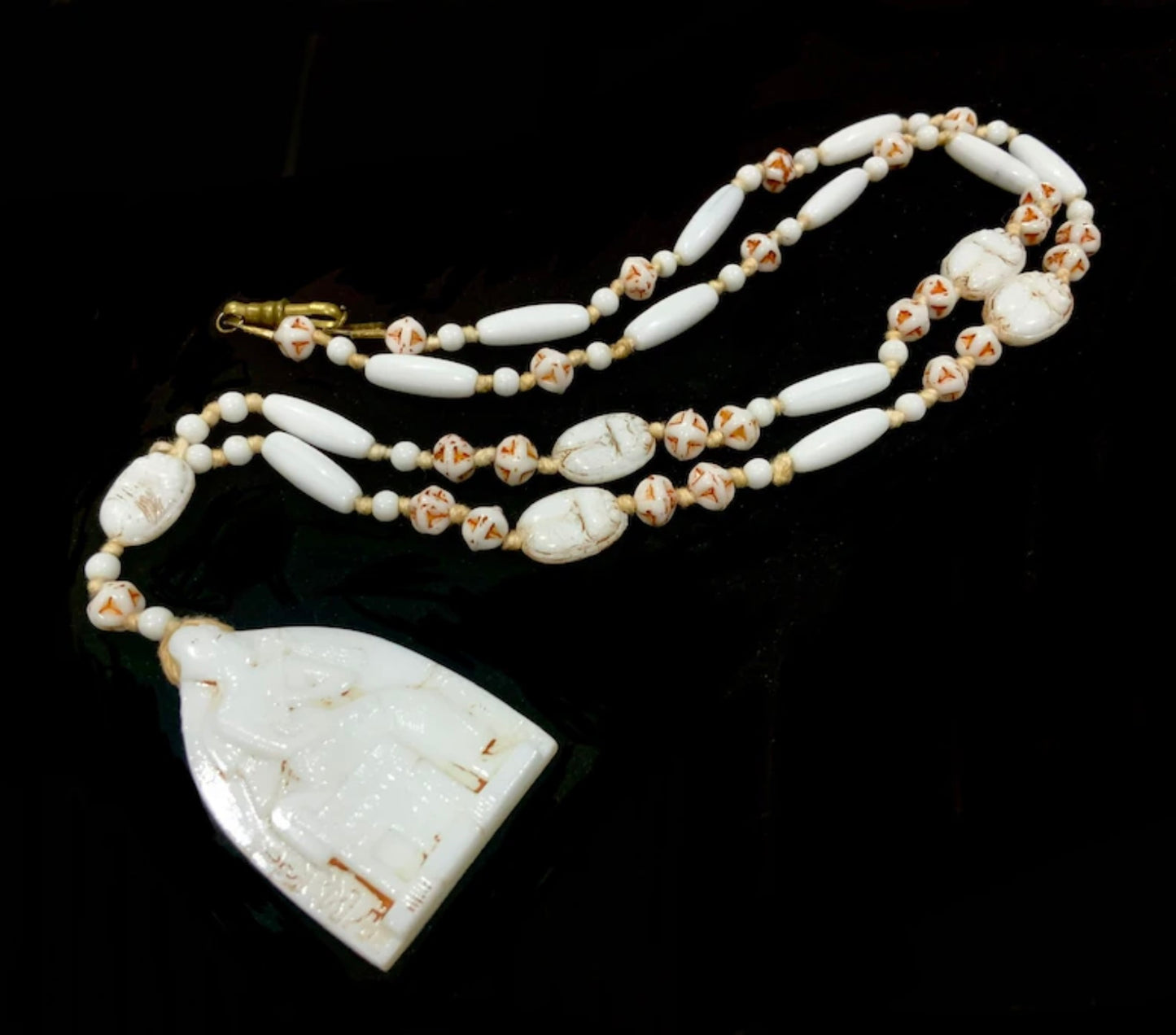 Max Neiger Pharoah & Scarab Beetle White Glass Bead Long Necklace