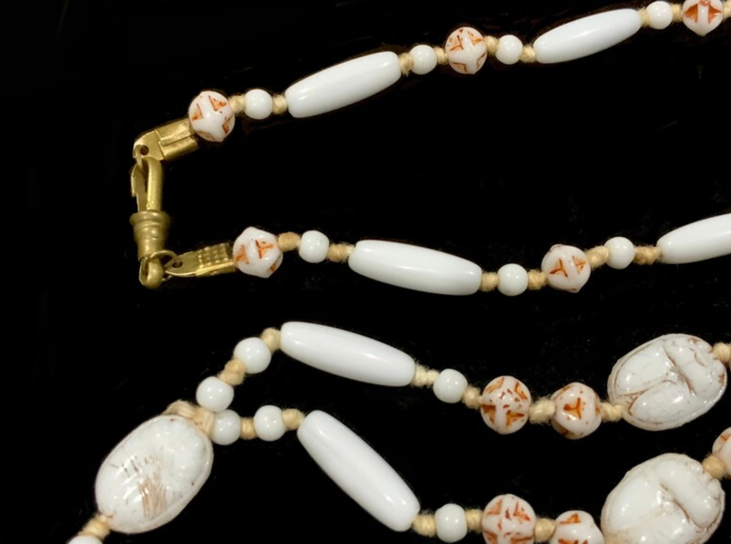Max Neiger Pharoah & Scarab Beetle White Glass Bead Long Necklace
