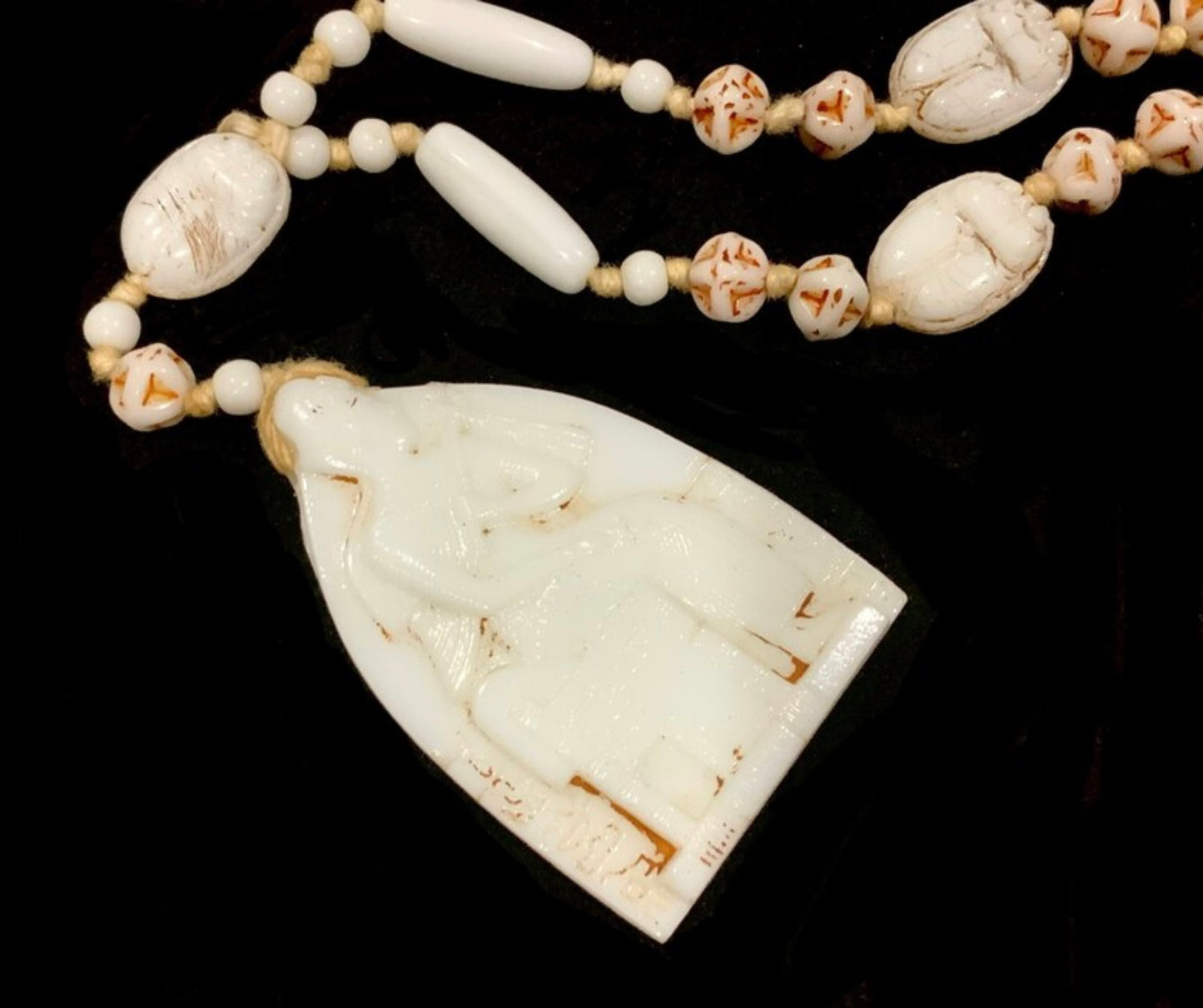 Max Neiger Pharoah & Scarab Beetle White Glass Bead Long Necklace