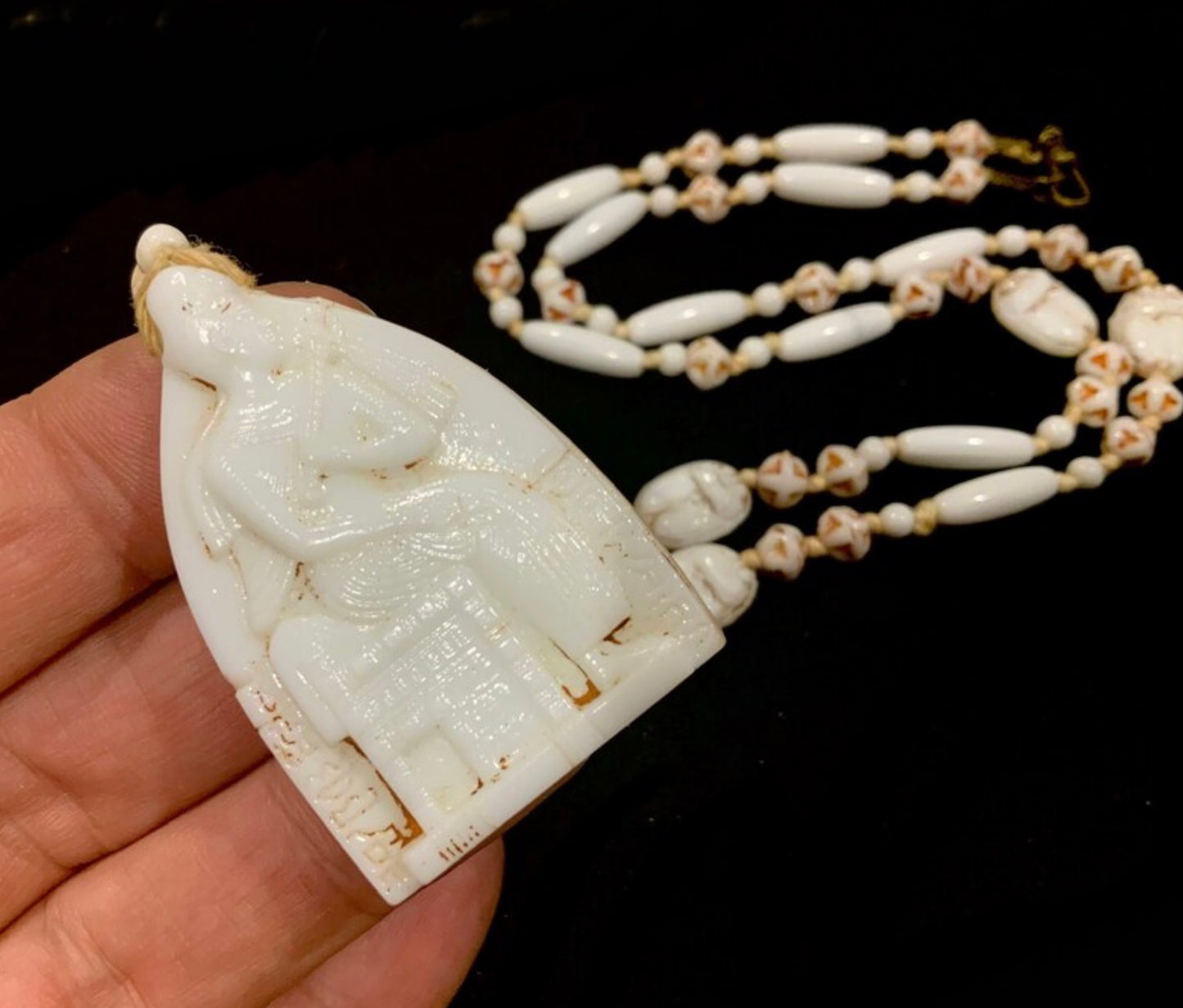 Max Neiger Pharoah & Scarab Beetle White Glass Bead Long Necklace