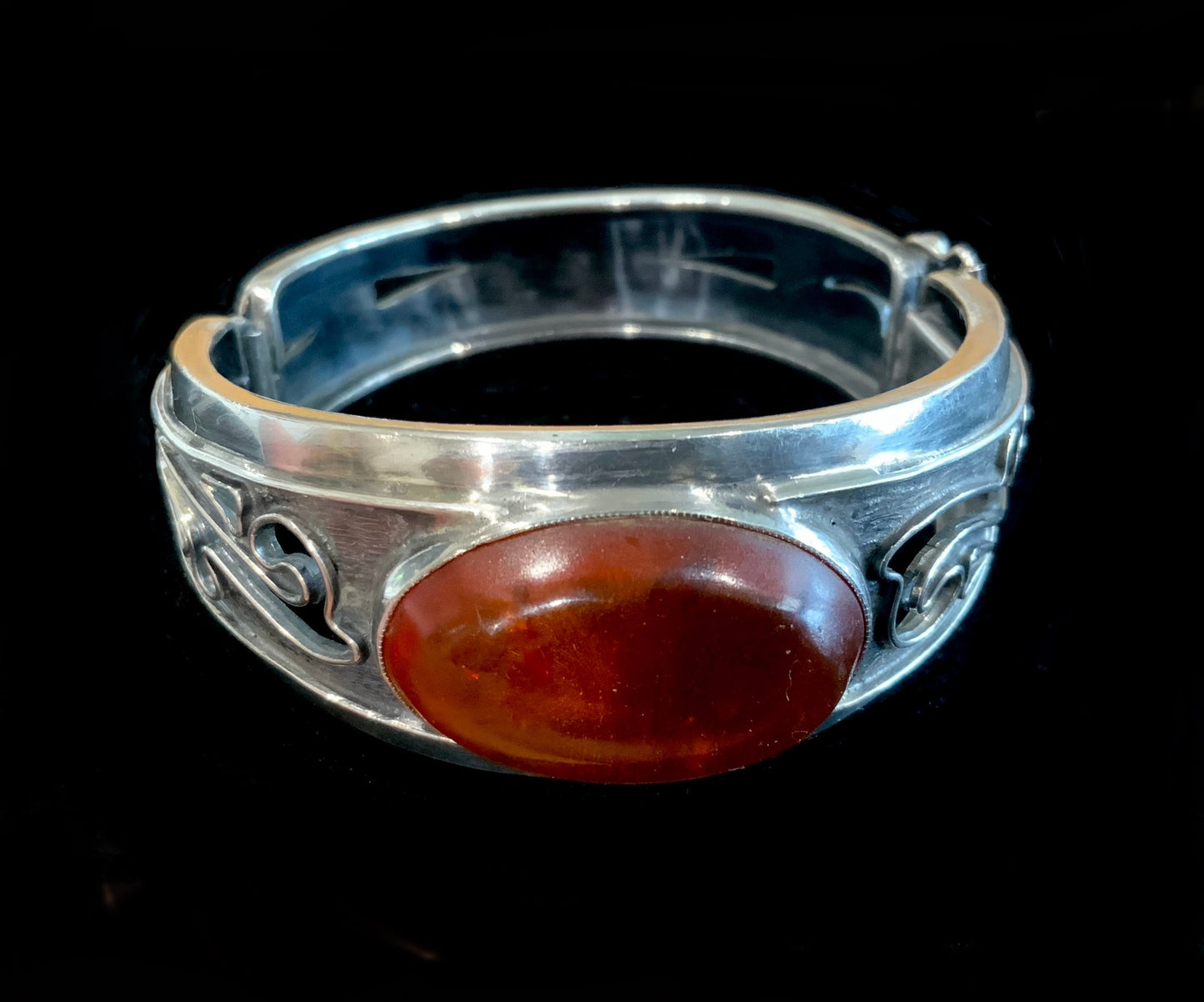 Antique Cognac Amber & Sterling Silver 925 Handmade Hinged Bangle Bracelet Signed