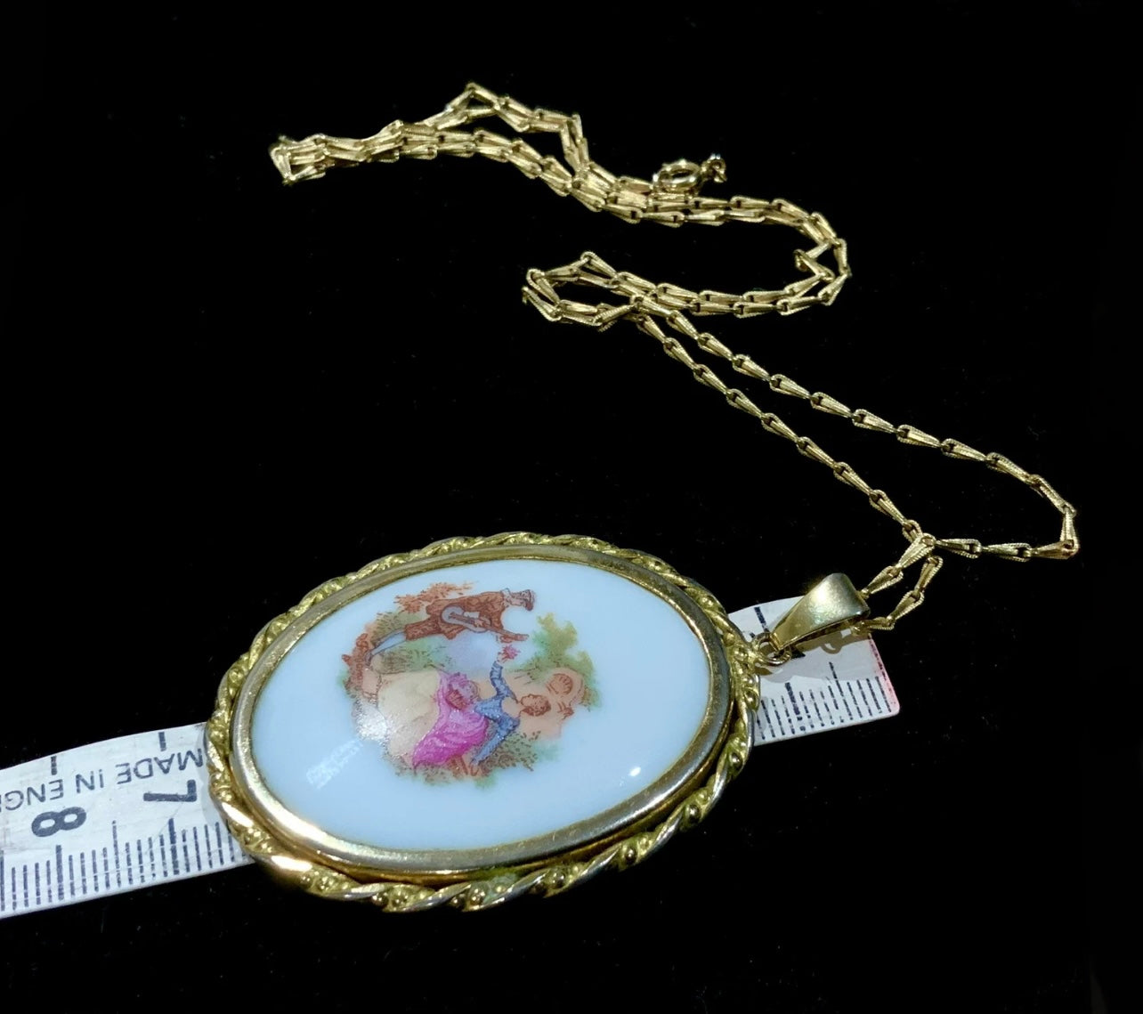 Limoges France Signed Courting Couple Large Pendant Gold Necklace