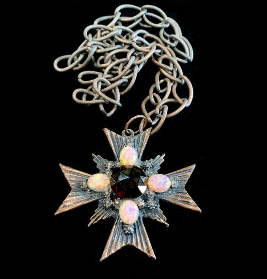 Dragons Breath & Copper Maltese Cross Pendant Necklace Vintage Florenza