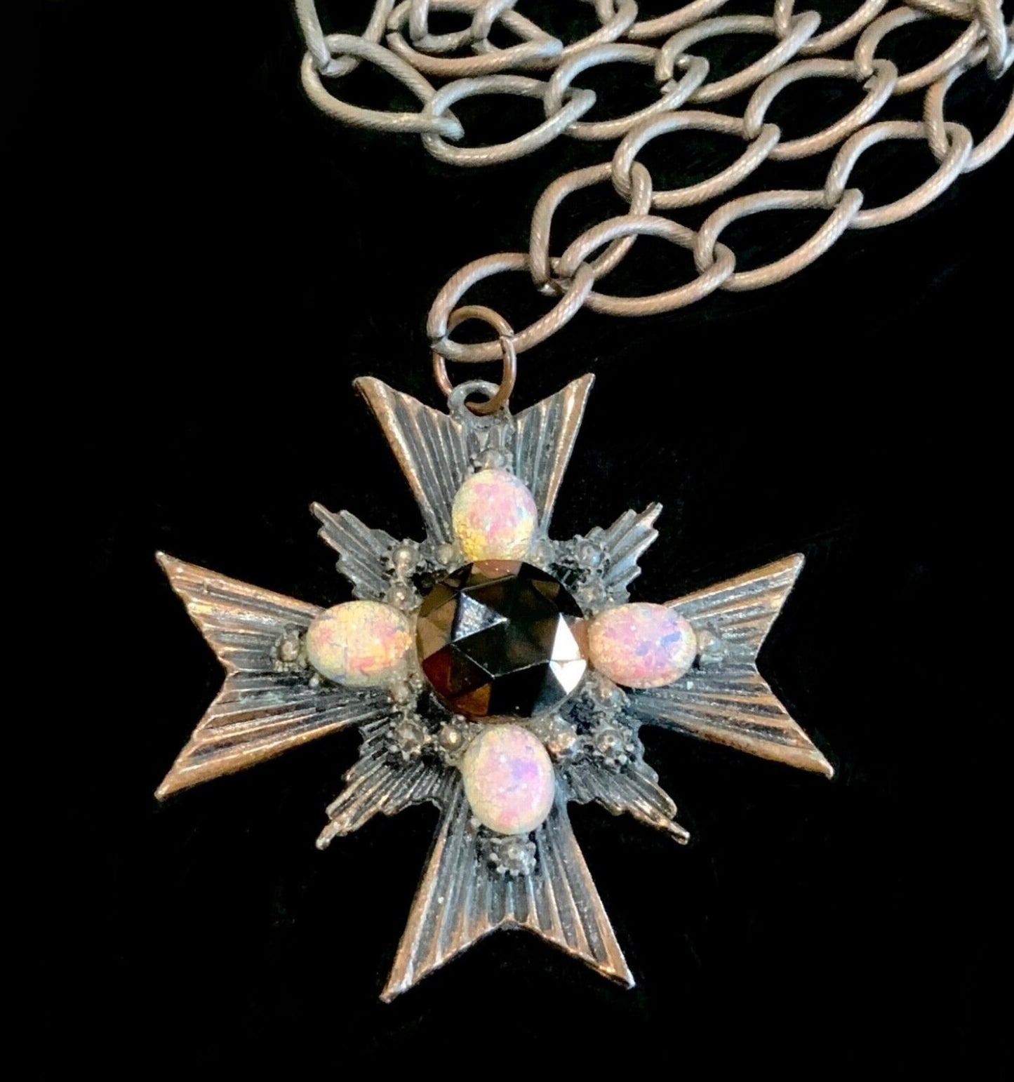 Dragons Breath & Copper Maltese Cross Pendant Necklace Vintage Florenza