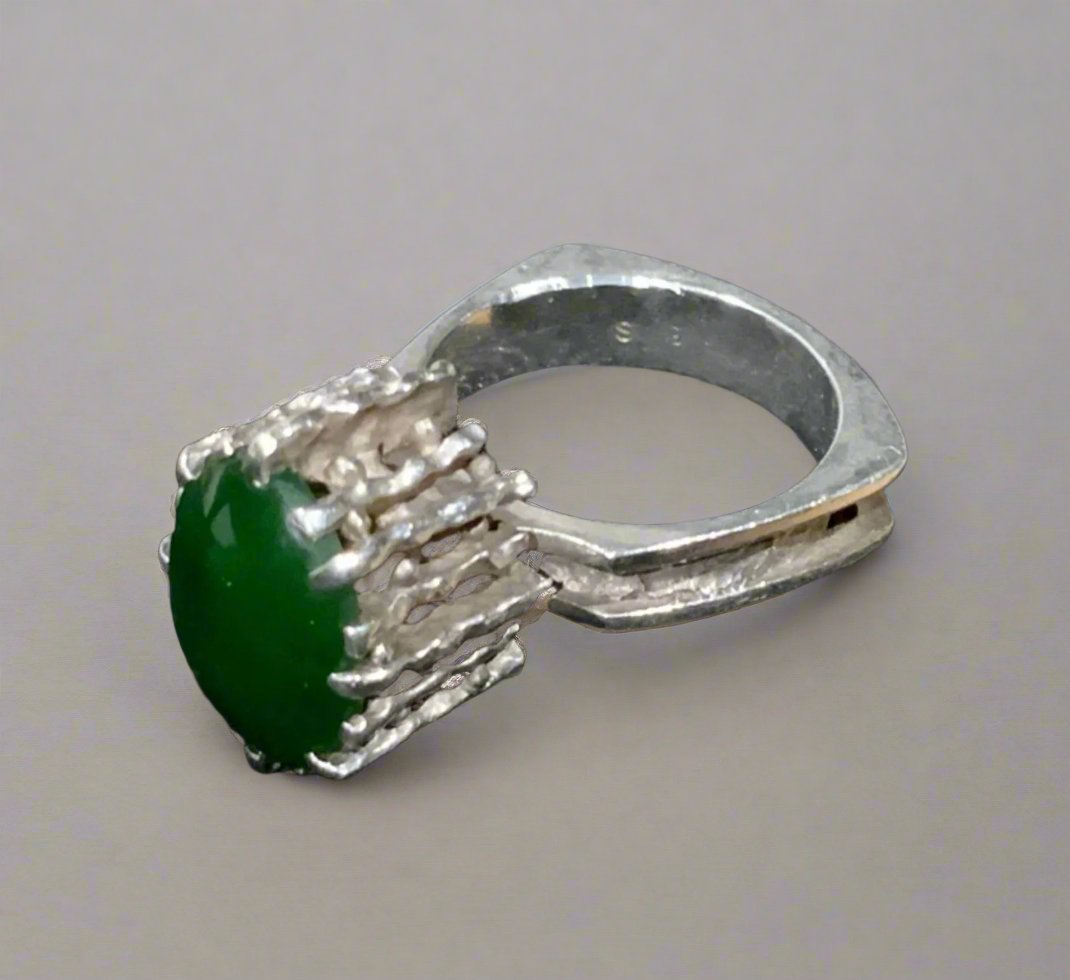 925 Sterling Silver & Jade Ring Size 7 N 1/2 Mid Century Denmark
