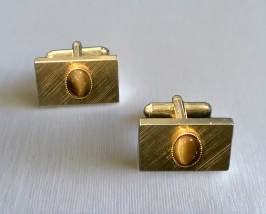 Gold Tone & Tigers Eye Cufflinks 70s Retro