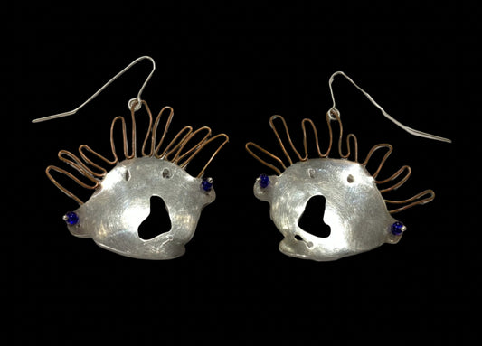 Artisan Modernist Brutalist Silver & Copper Dangle Face Earrings