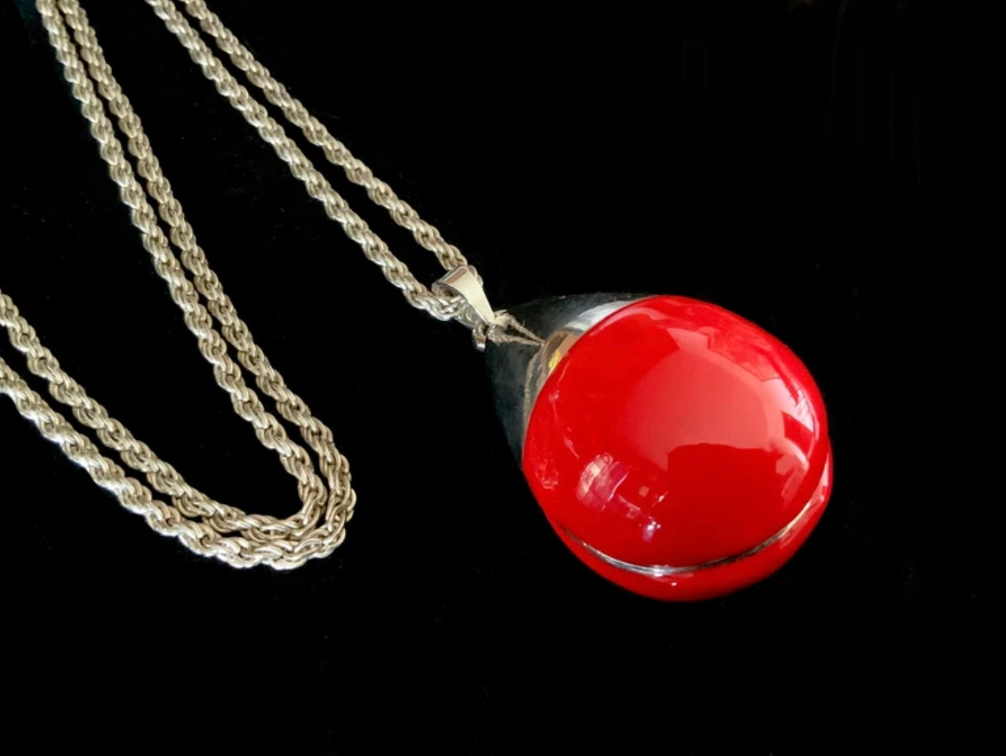 Silver & Red Enamel Wrecking Ball Rope Chain Necklace 90cm