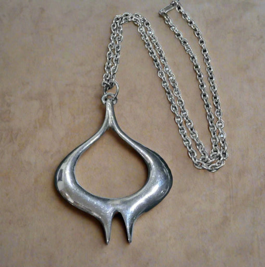 Modernist Silver Chrome 7cm Pendent & Chain Necklace 52cm Vintage 1960s