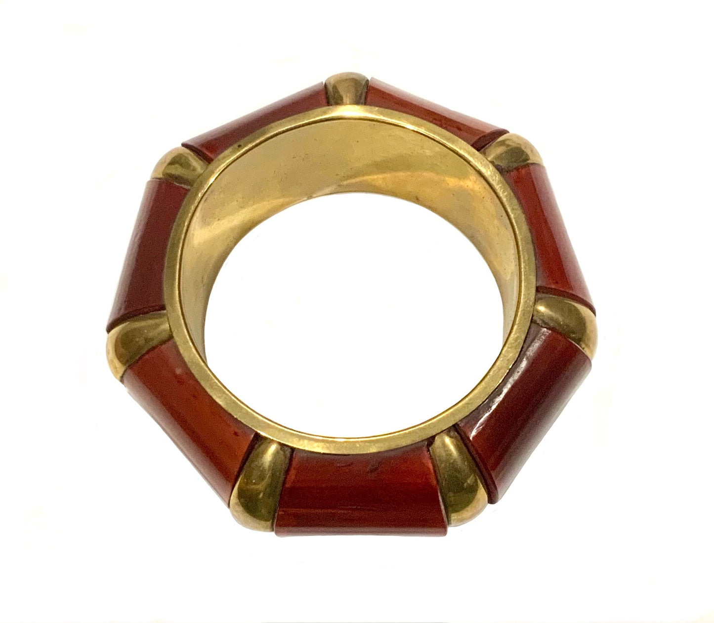 Brass & Red Horn Inlay Bangle Geometric Heptagon Bracelet