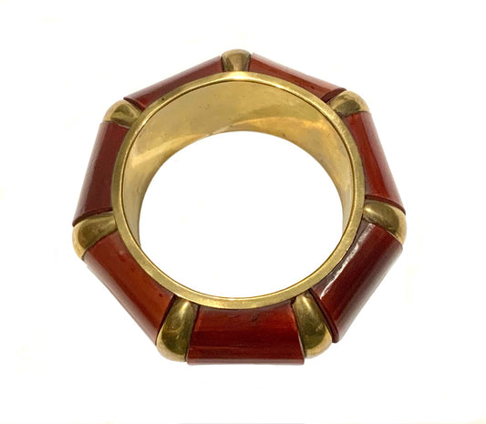 Brass & Red Horn Inlay Bangle Geometric Heptagon Bracelet