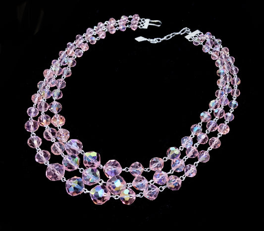 Pink AB Crystal Bead Necklace Silver Tone Triple Strand 1950s