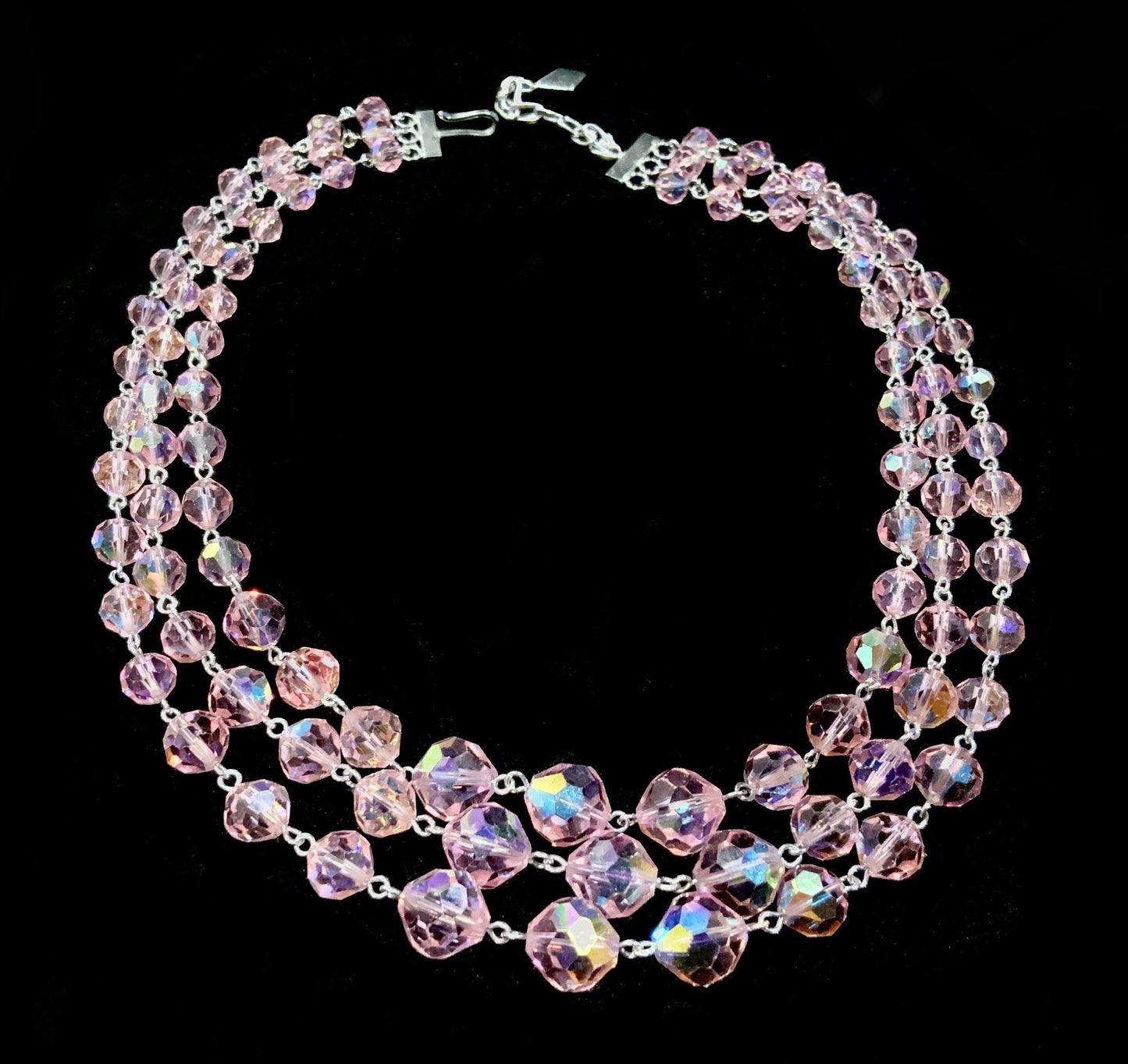Pink AB Crystal Bead Necklace Silver Tone Triple Strand 1950s