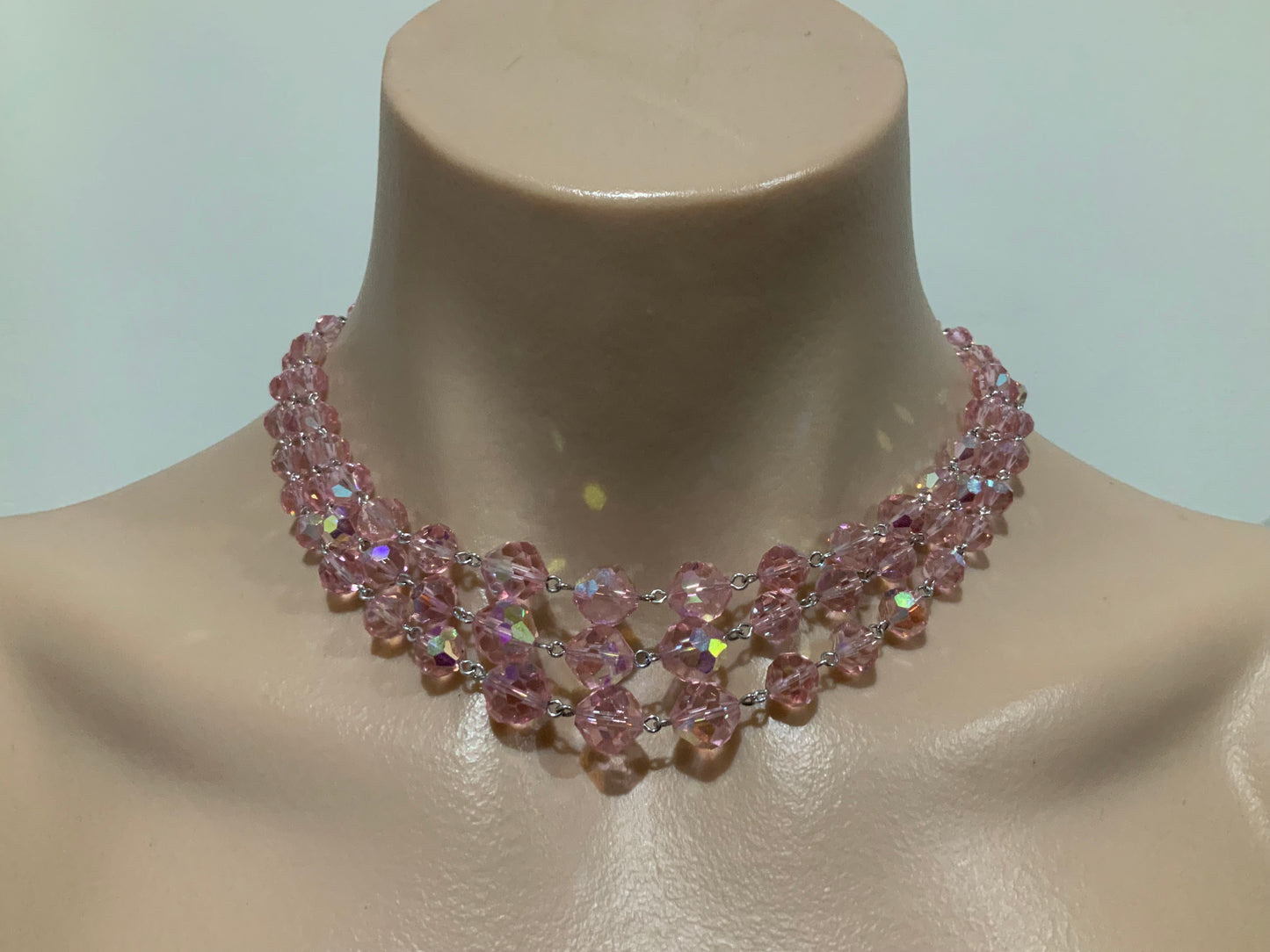 Pink AB Crystal Bead Necklace Silver Tone Triple Strand 1950s