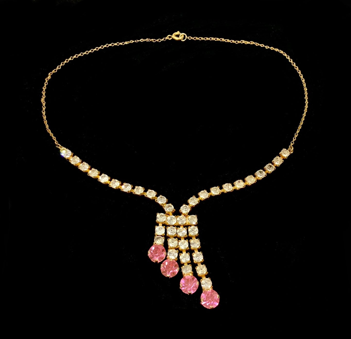 Art Deco Pink & Clear Diamanté Cocktail Necklace 41cm