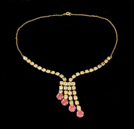 Art Deco Pink & Clear Diamanté Cocktail Necklace 41cm
