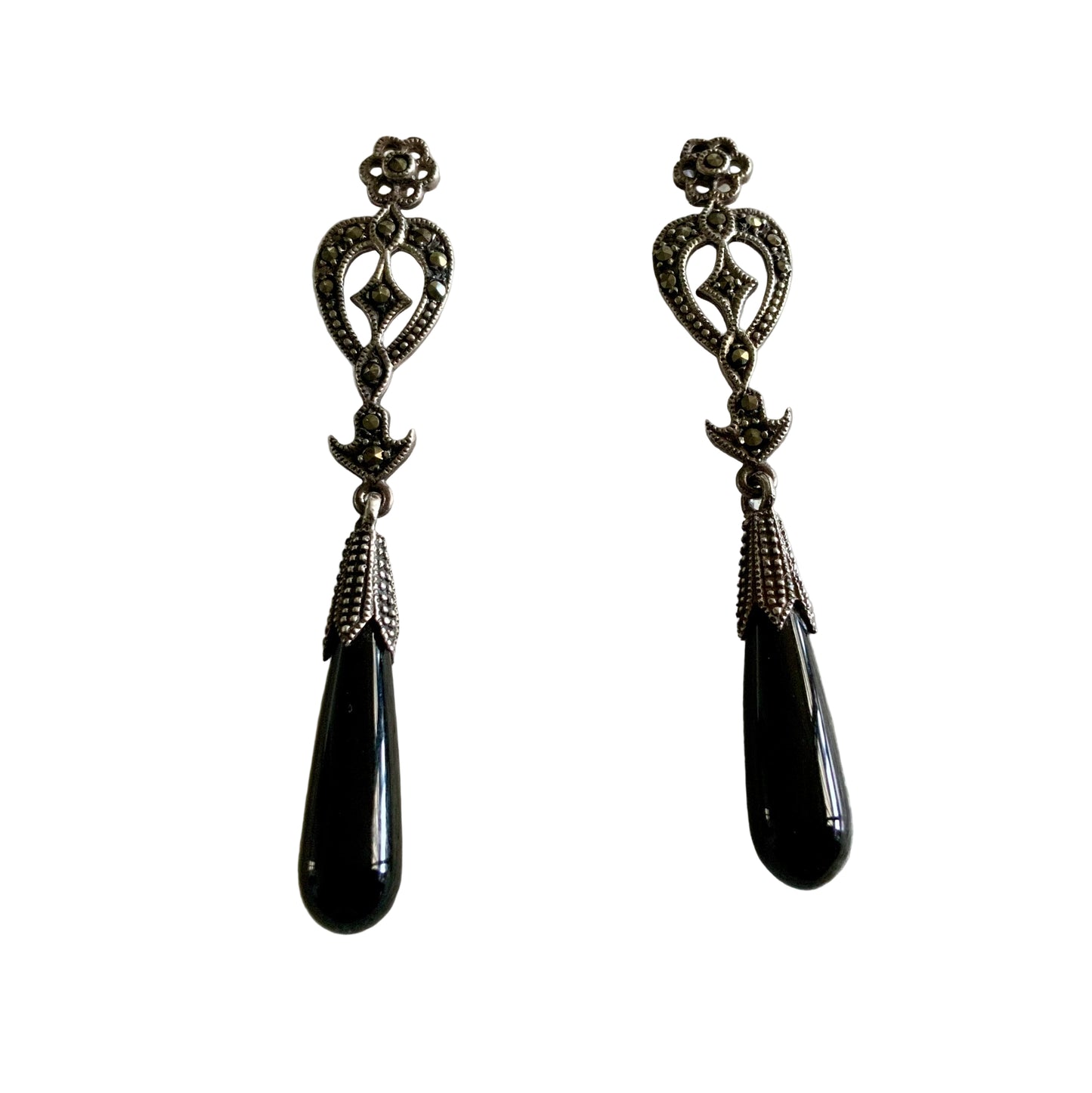 Antique Art Deco 6cm Sterling Silver & Onyx Drop Post Earrings 1920s