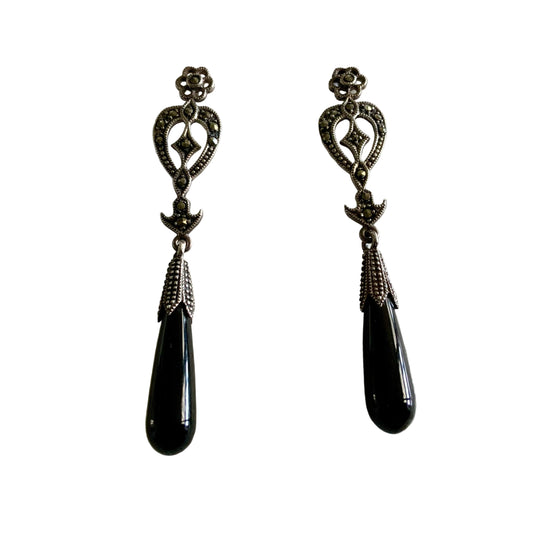 Antique Art Deco 6cm Sterling Silver & Onyx Drop Post Earrings 1920s