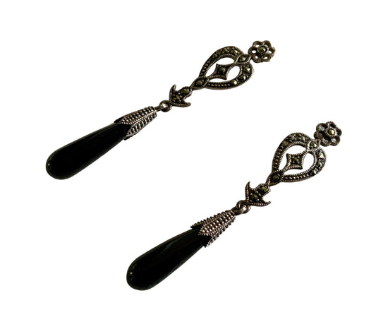 Antique Art Deco 6cm Sterling Silver & Onyx Drop Post Earrings 1920s