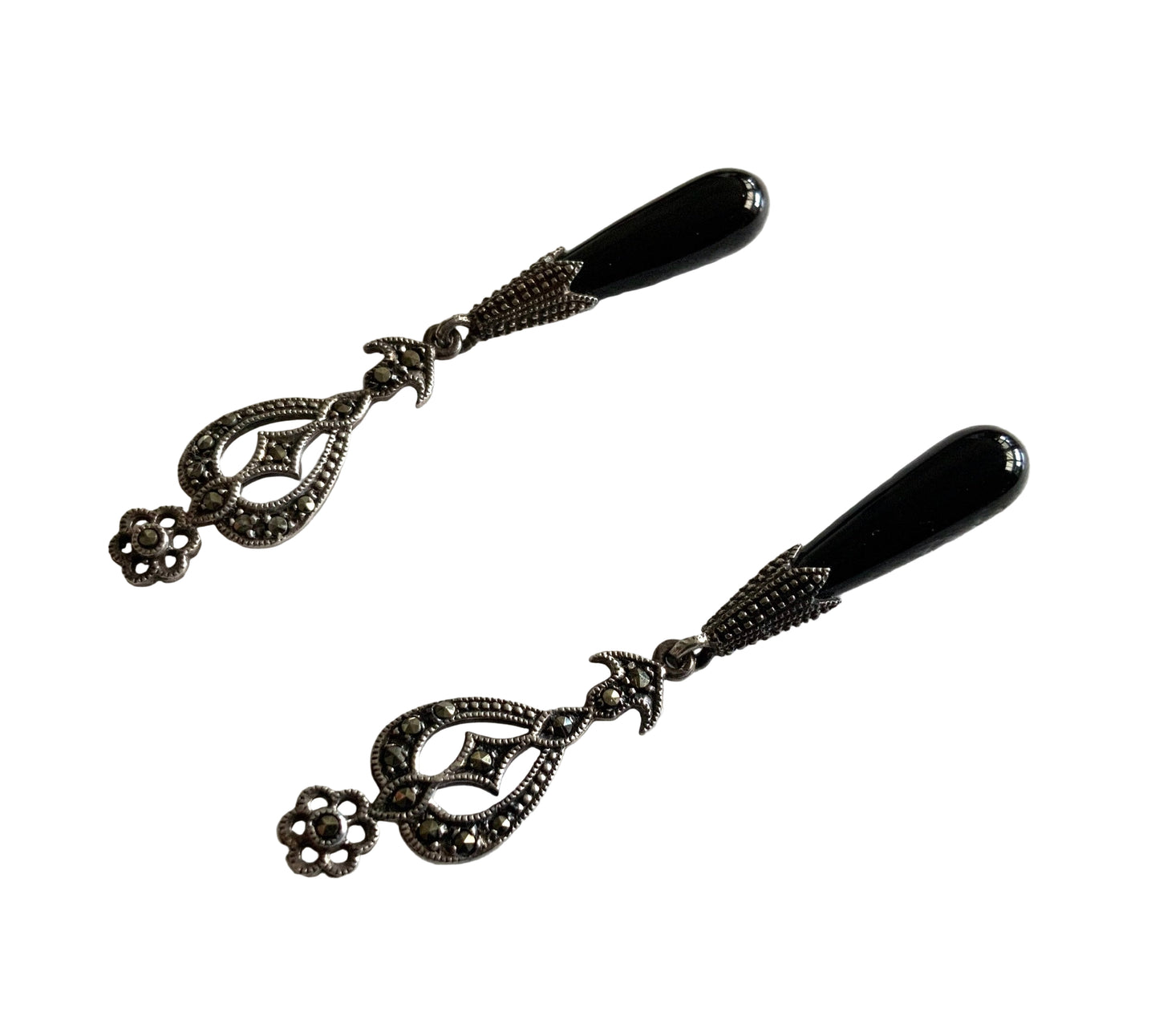 Antique Art Deco 6cm Sterling Silver & Onyx Drop Post Earrings 1920s