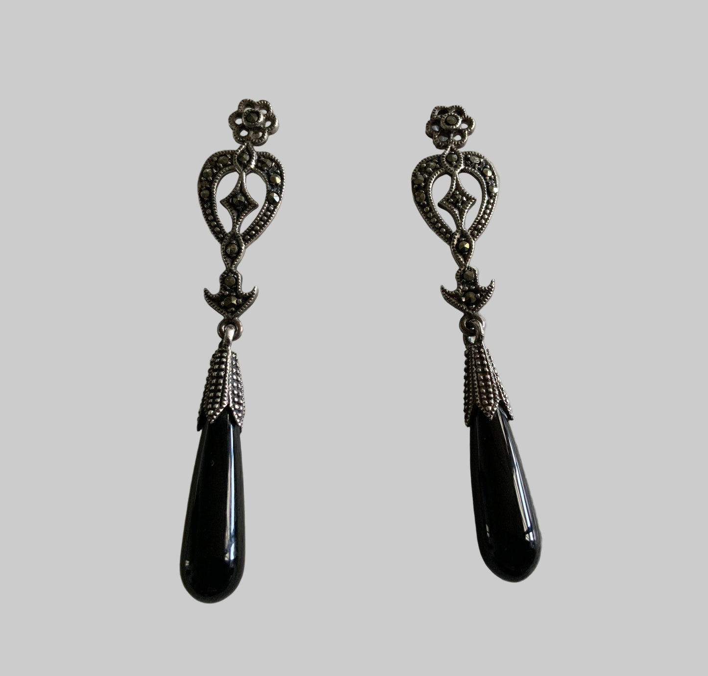 Antique Art Deco 6cm Sterling Silver & Onyx Drop Post Earrings 1920s