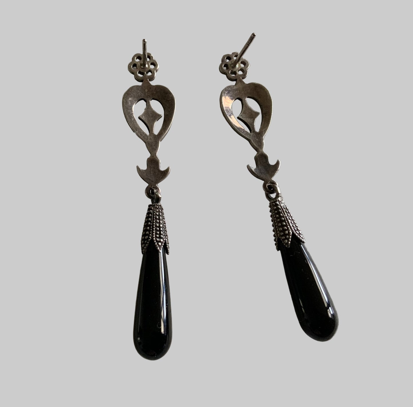 Antique Art Deco 6cm Sterling Silver & Onyx Drop Post Earrings 1920s
