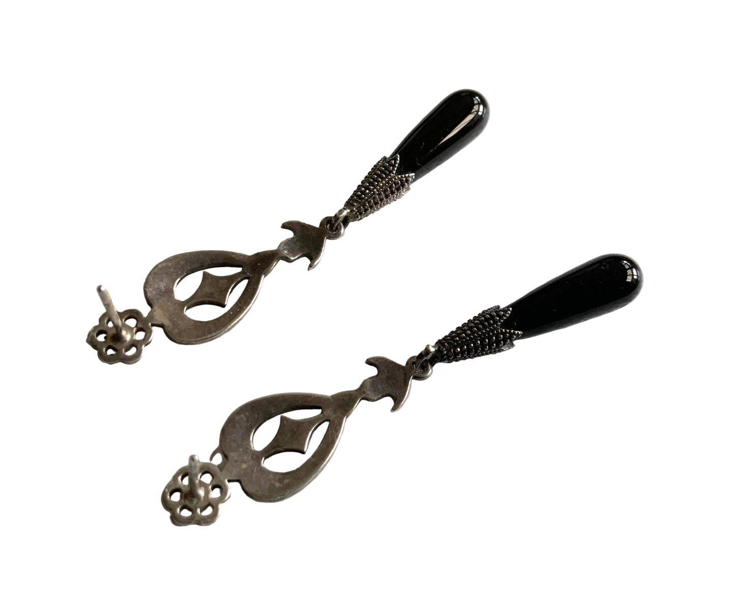 Antique Art Deco 6cm Sterling Silver & Onyx Drop Post Earrings 1920s