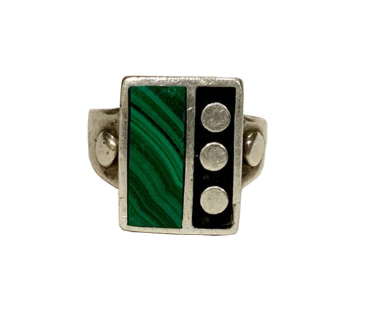 925 Sterling Silver & Malachite Domino Ring  Size Q