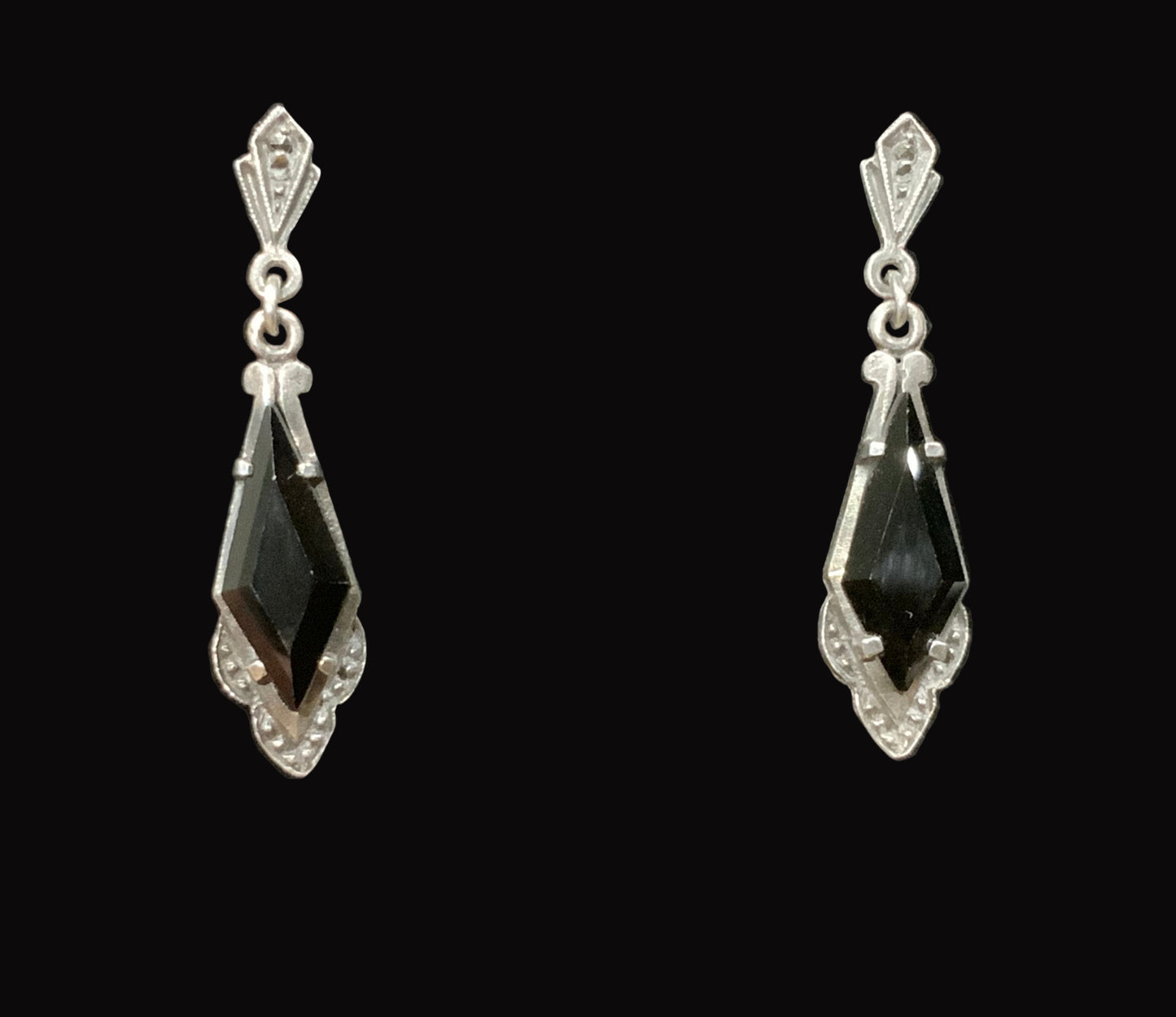 Antique Art Deco 925 Sterling Silver Black Onyx Dangle Earrings