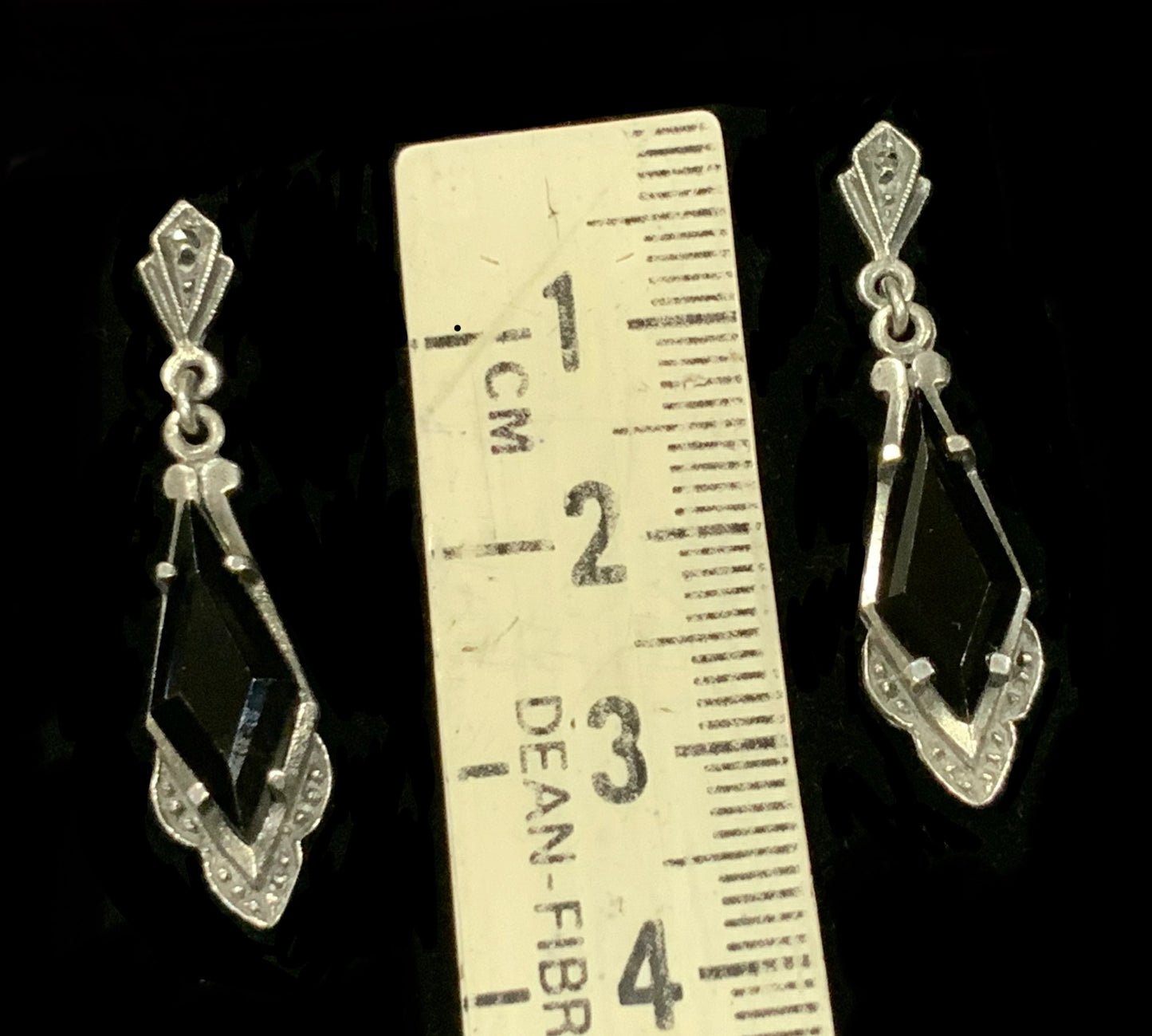 Antique Art Deco 925 Sterling Silver Black Onyx Dangle Earrings