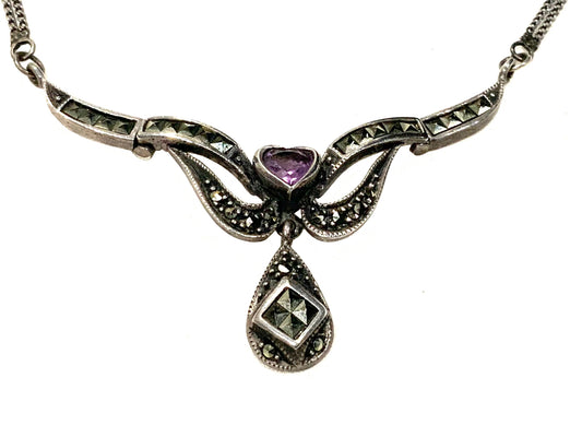 Art Deco Sterling Silver Amethyst & Marcasite Collier Necklace c 1920