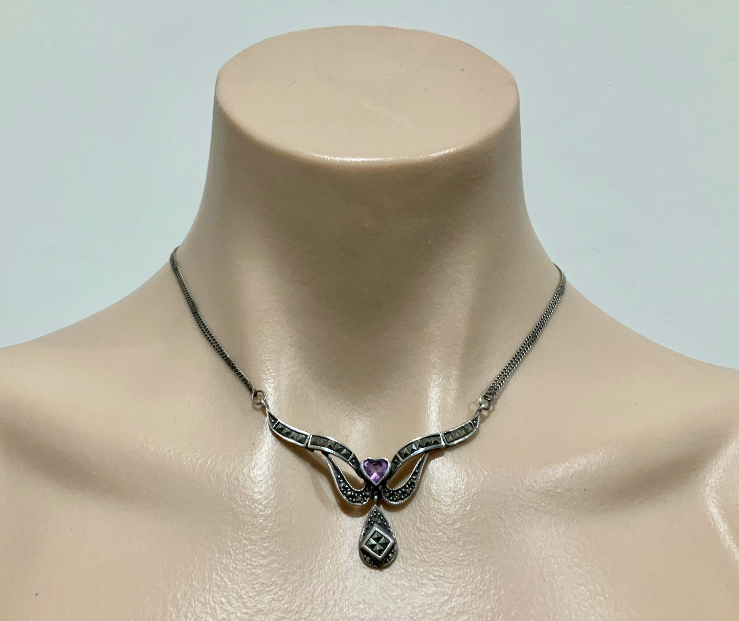 Art Deco Sterling Silver Amethyst & Marcasite Collier Necklace c 1920