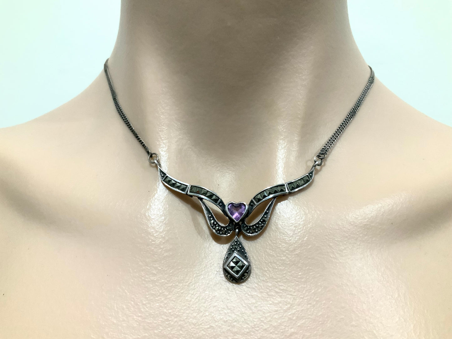 Art Deco Sterling Silver Amethyst & Marcasite Collier Necklace c 1920