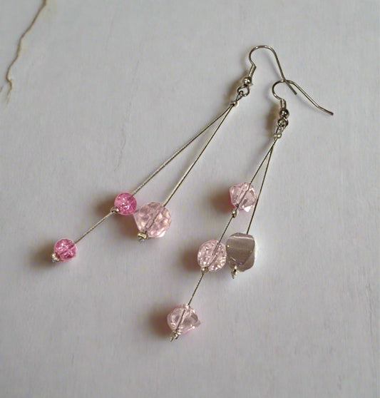 Silver & Pink Glass Bead Dangle Earrings 9.5cm
