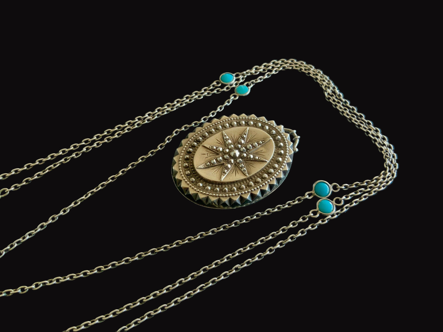 Antique 1876 T&Co Victorian North Star Locket Pendant Sterling Silver 925 Turquoise Longuard Necklace