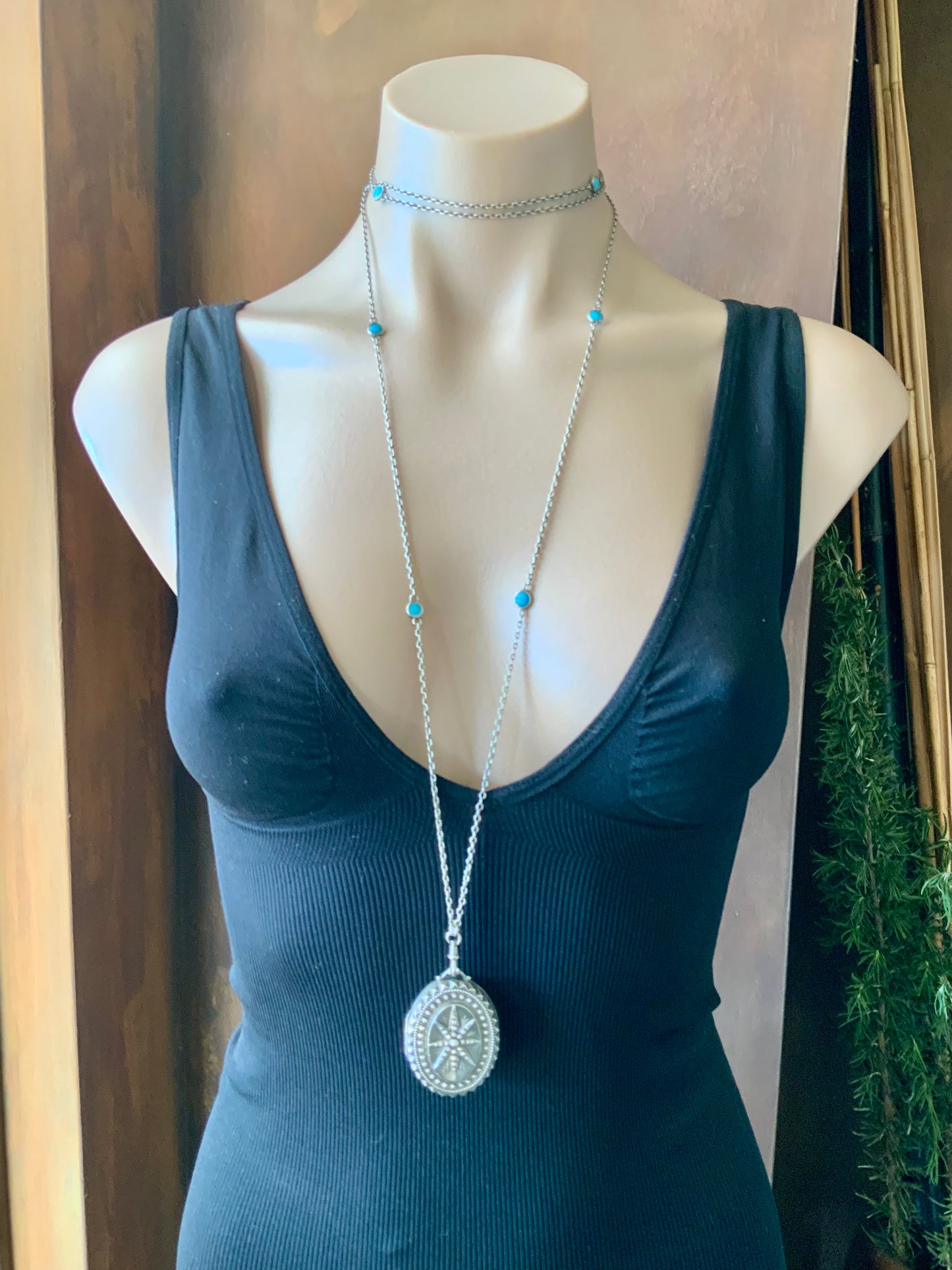 Antique 1876 T&Co Victorian North Star Locket Pendant Sterling Silver 925 Turquoise Longuard Necklace