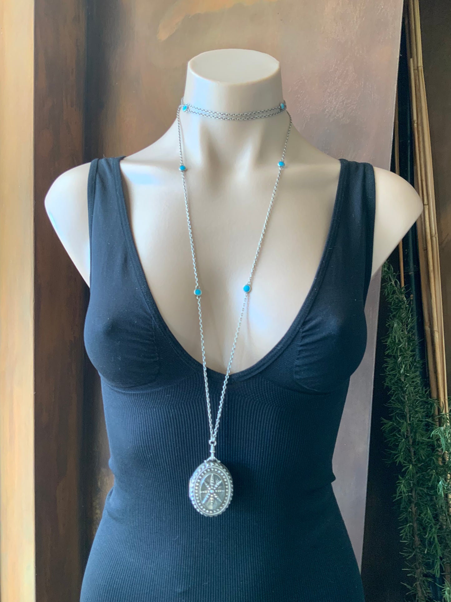 Antique 1876 T&Co Victorian North Star Locket Pendant Sterling Silver 925 Turquoise Longuard Necklace