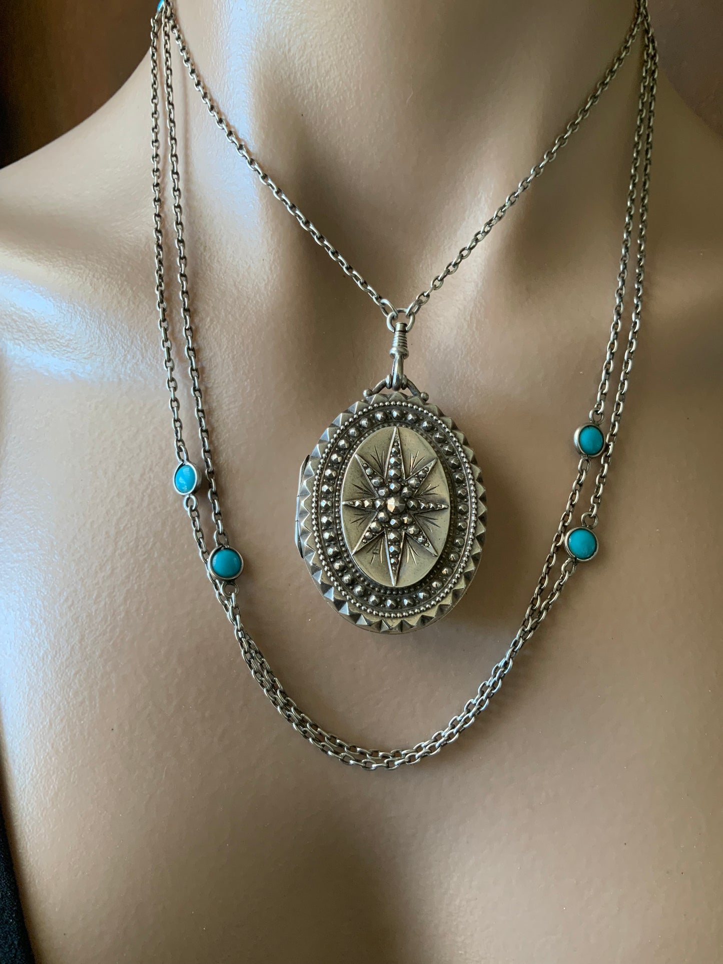 Antique 1876 T&Co Victorian North Star Locket Pendant Sterling Silver 925 Turquoise Longuard Necklace
