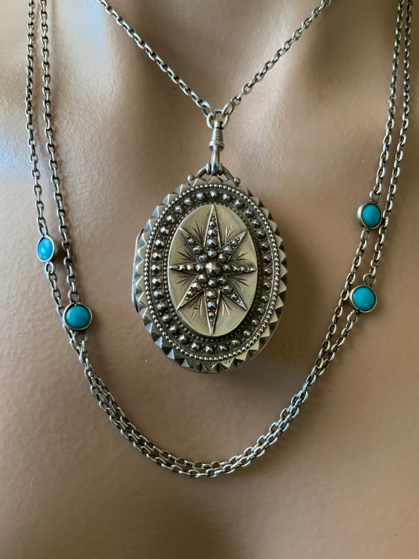 Antique 1876 T&Co Victorian North Star Locket Pendant Sterling Silver 925 Turquoise Longuard Necklace