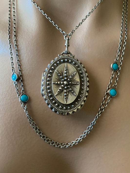 Antique 1876 T&Co Victorian North Star Locket Pendant Sterling Silver 925 Turquoise Longuard Necklace