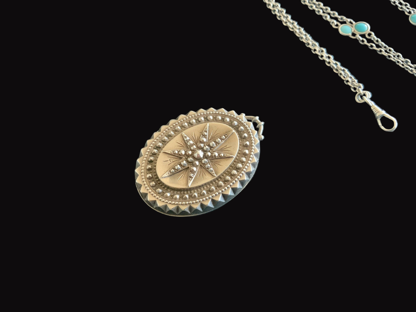 Antique 1876 T&Co Victorian North Star Locket Pendant Sterling Silver 925 Turquoise Longuard Necklace