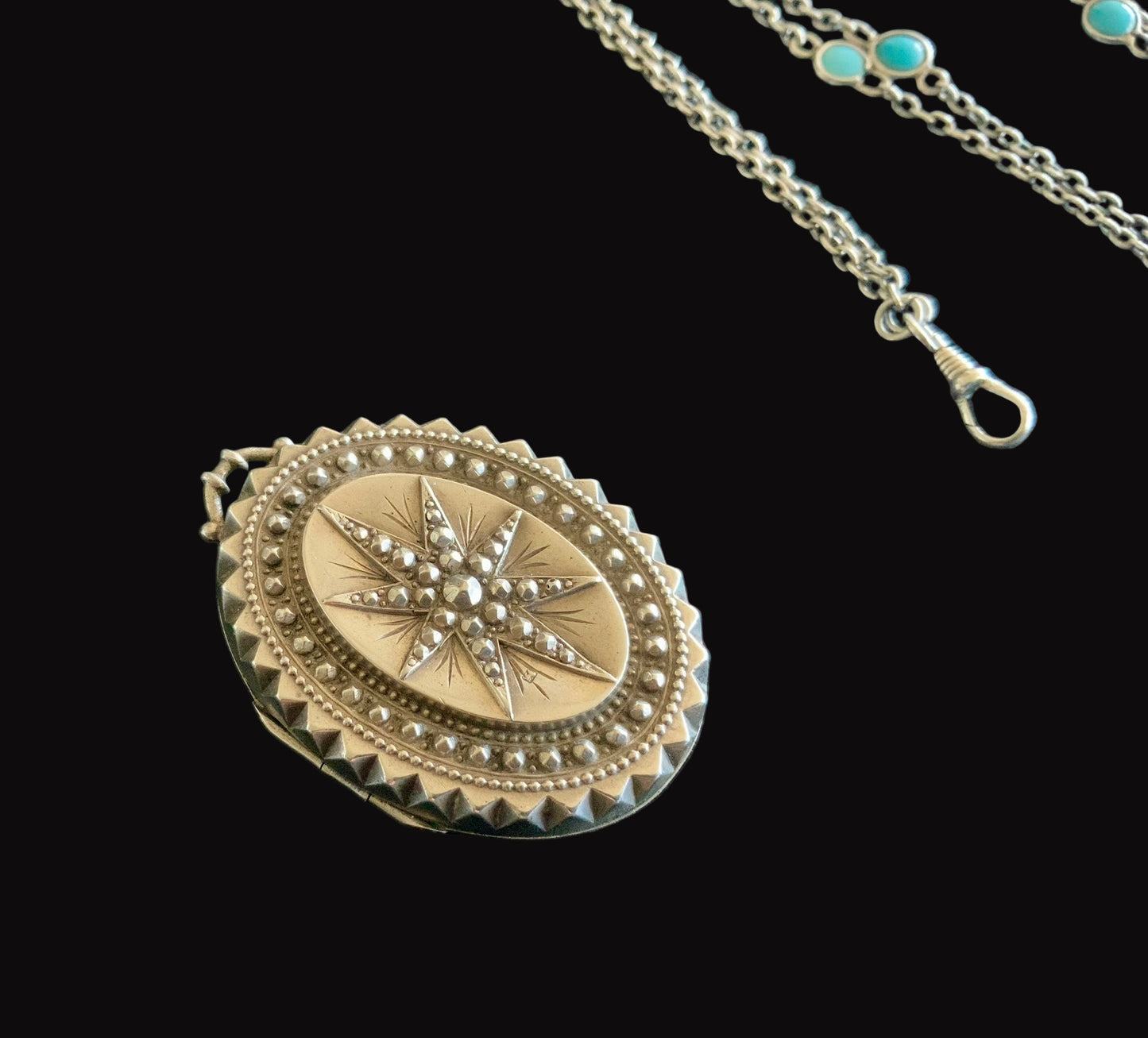 Antique 1876 T&Co Victorian North Star Locket Pendant Sterling Silver 925 Turquoise Longuard Necklace