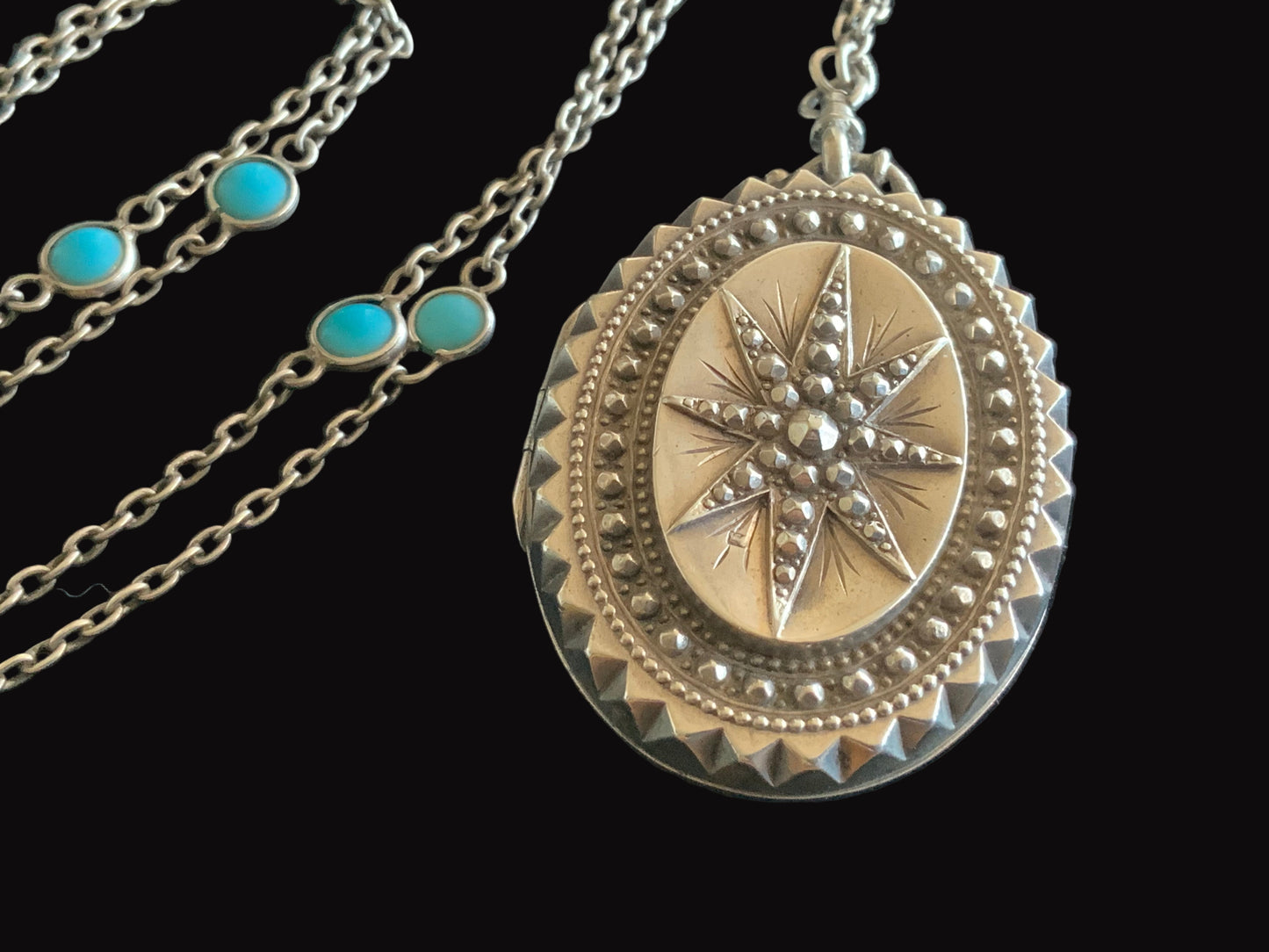 Antique 1876 T&Co Victorian North Star Locket Pendant Sterling Silver 925 Turquoise Longuard Necklace