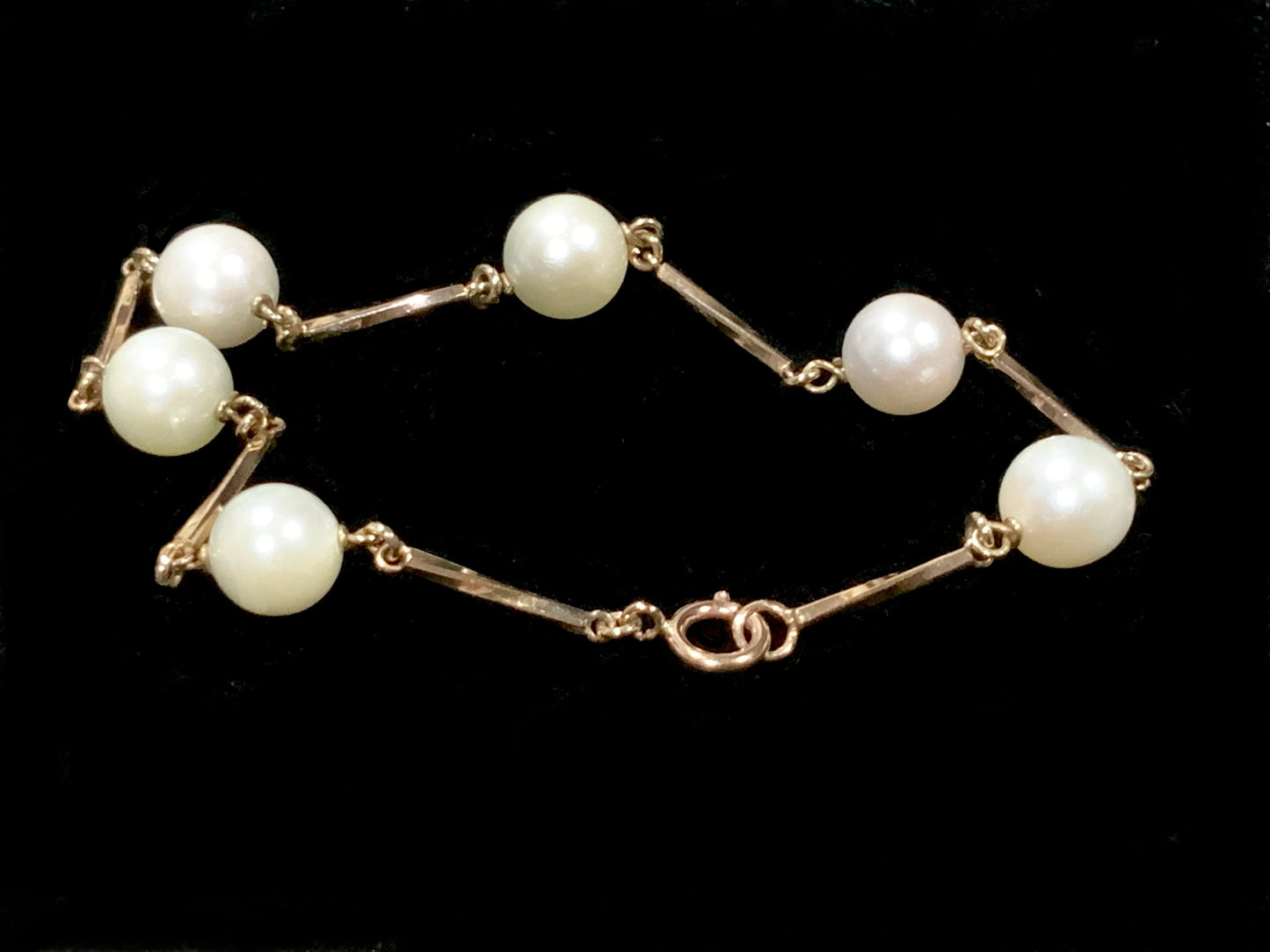 Antique Cultured White Pearl Continental Gold Twisted Bar Link Bracelet 18.5cm