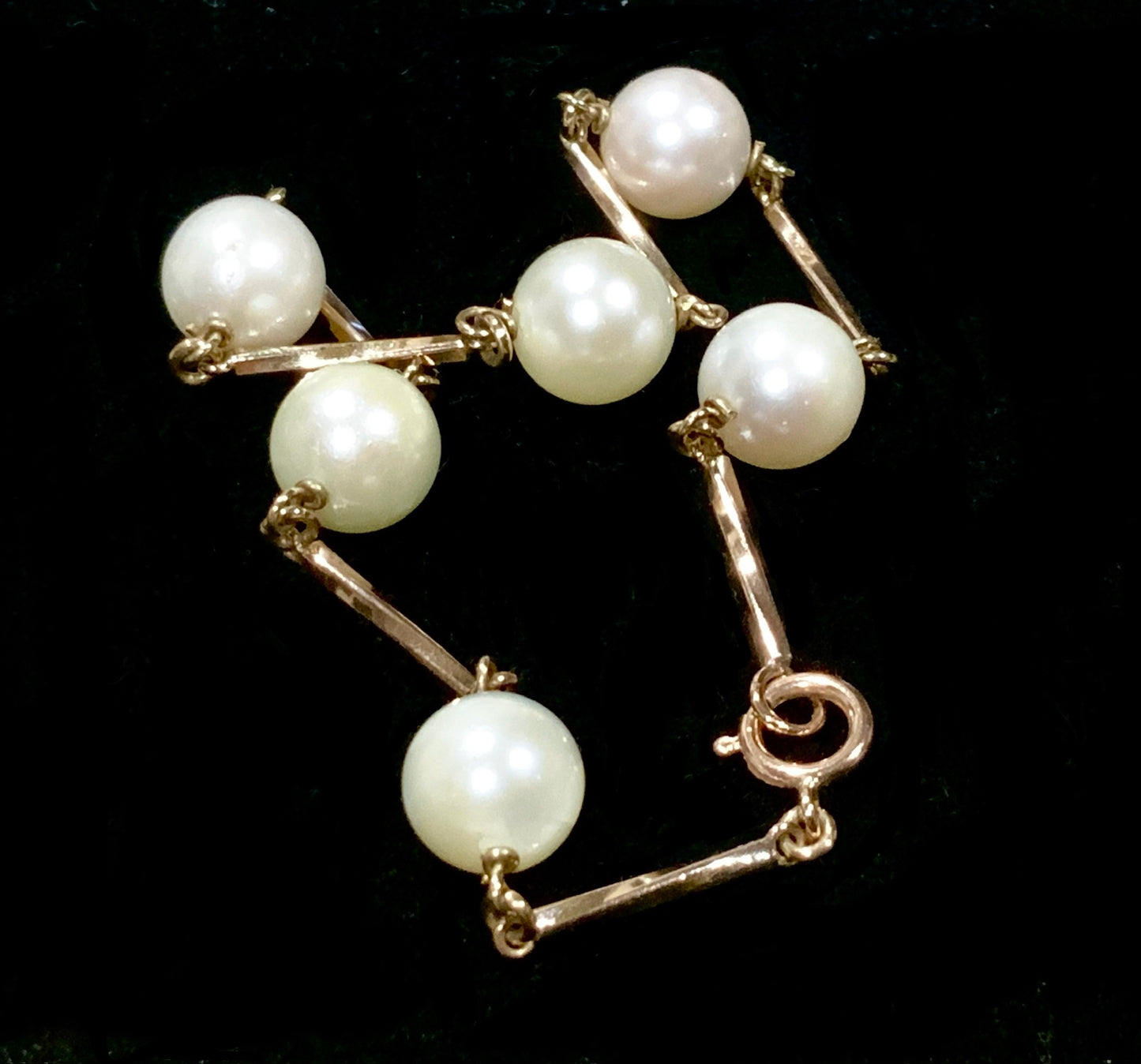 Antique Cultured White Pearl Continental Gold Twisted Bar Link Bracelet 18.5cm