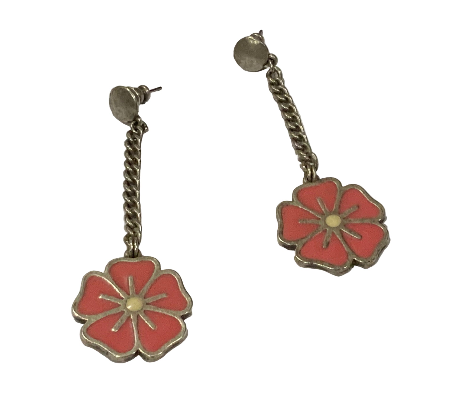 Pair of flower-shaped earrings on silver chains