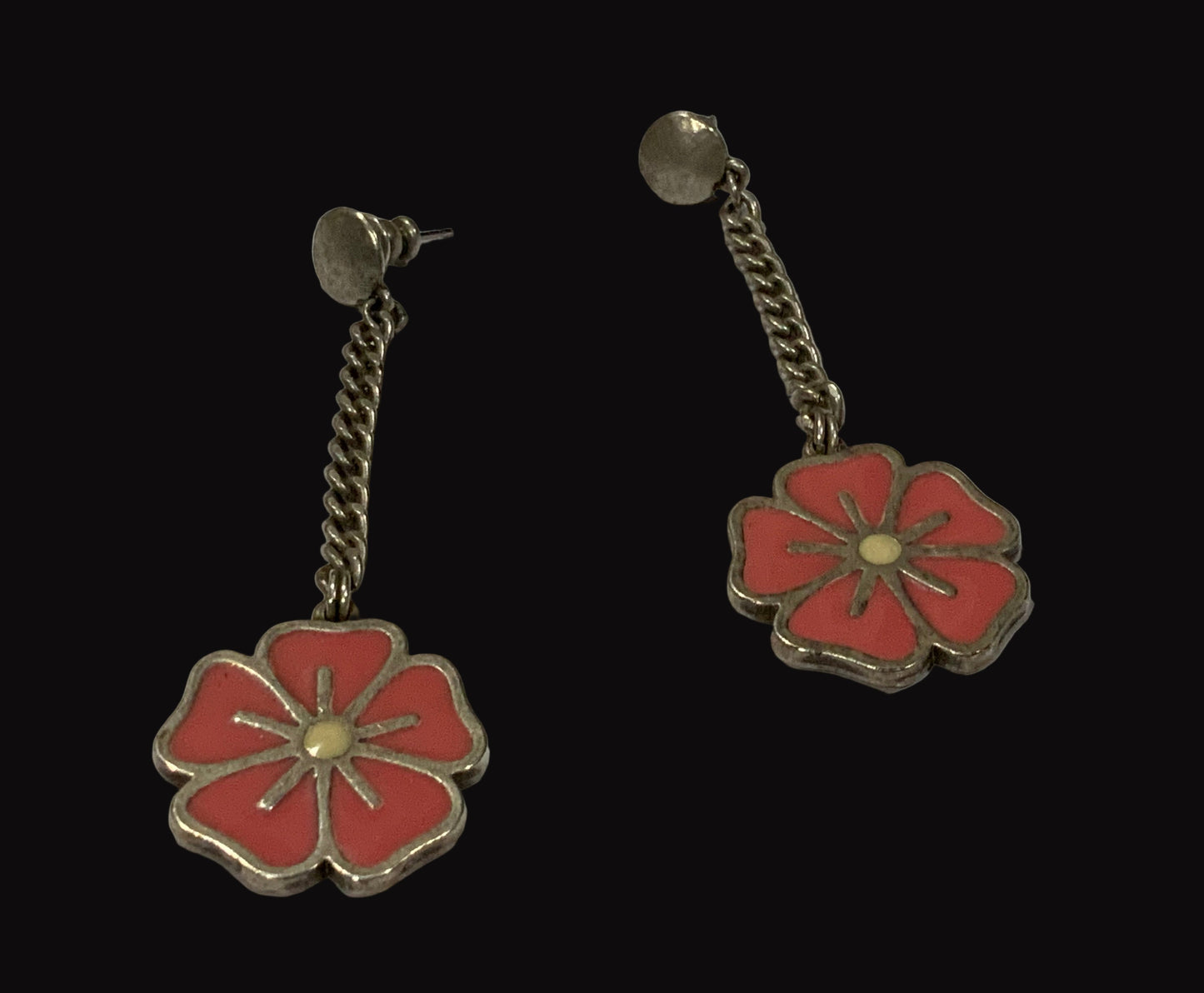 Peter LANG Silver & Hot Pink Enamel Flower Dangle Earrings Studs