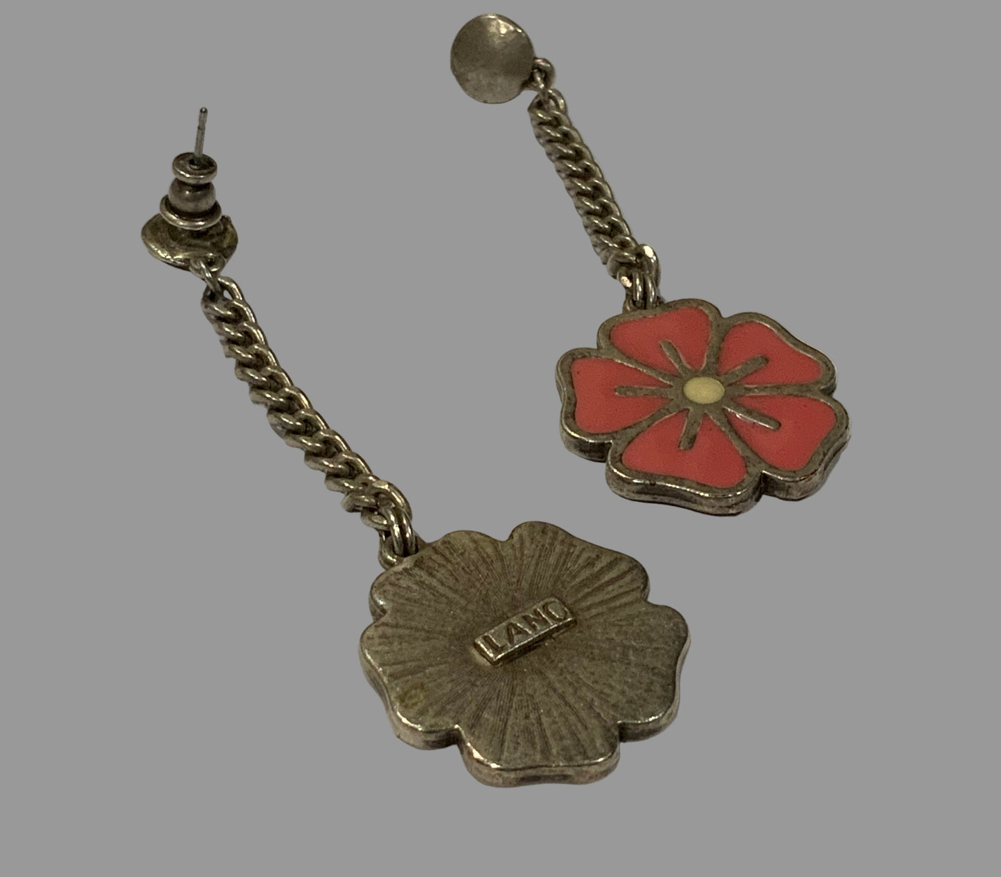 Peter LANG Silver & Hot Pink Enamel Flower Dangle Earrings Studs